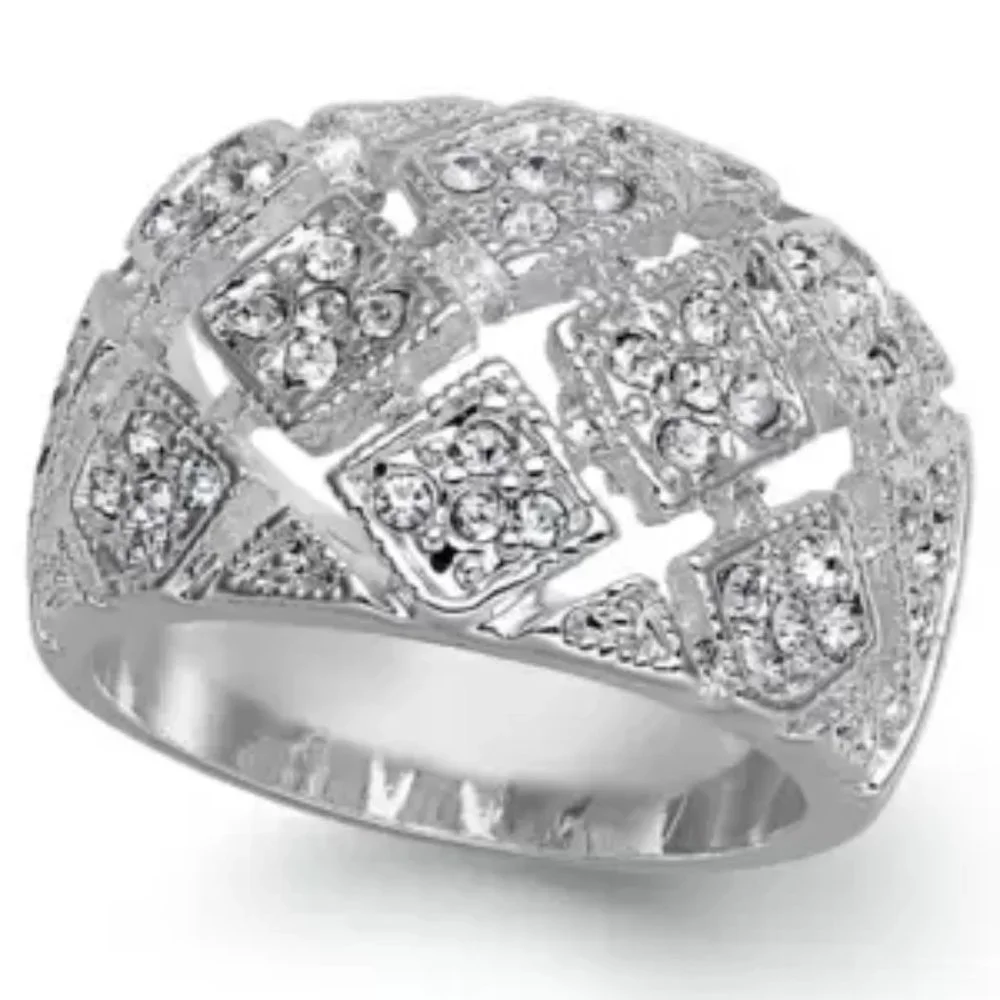 Charter Club Silver Tone Crystal Basketweave Pattern Ring Size 9